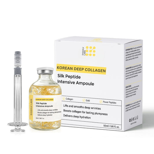 Korean Deep Collagen Silk Peptide Intensive Ampoule 55ml by Dissolv Labs, gold thread serum in a sealed glass bottle with needle-free glass applicator and retail box