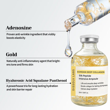 Key ingredients in the Silk Peptide Intensive Ampoule: adenosine, gold, hyaluronic acid, squalane and panthenol, shown with serum dispensing from the glass applicator