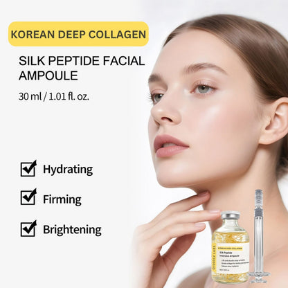 Silk Peptide Facial Ampoule 30ml shown with model, highlighting hydrating, firming and brightening cosmetic benefits