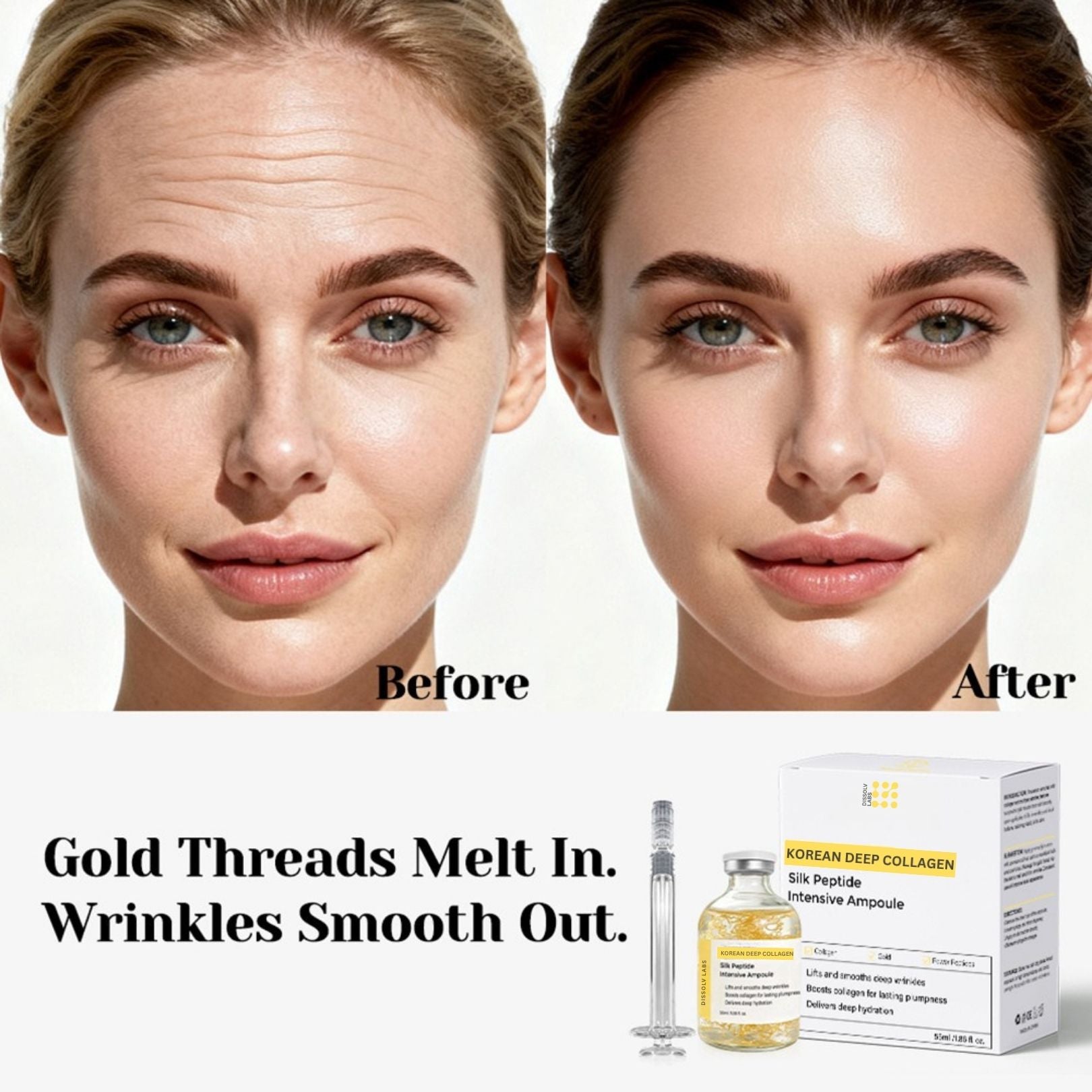 Illustration of gold threads melting into skin to soften the appearance of wrinkles, shown with the Korean Deep Collagen ampoule and retail box