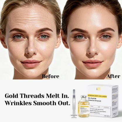 Illustration of gold threads melting into skin to soften the appearance of wrinkles, shown with the Korean Deep Collagen ampoule and retail box