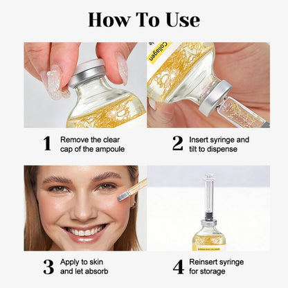 How to use the gold thread ampoule in four steps: remove the cap, insert the applicator and tilt to dispense, apply to skin and let absorb, reinsert applicator for storage
