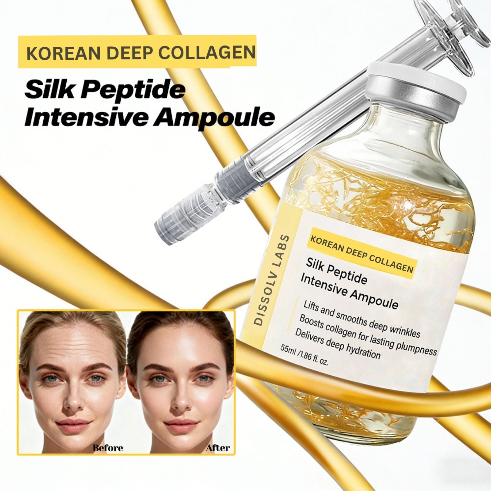 Korean Deep Collagen Silk Peptide Intensive Ampoule 55ml with glass applicator against flowing gold ribbons