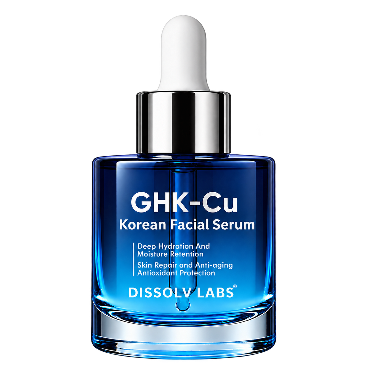 Dissolv Labs GHK-Cu Korean Facial Serum in a cobalt-blue dropper bottle