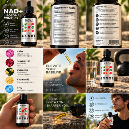 DISSOLV NAD+ square concept collage — AI-generated draft; label text, directions and benefit claims not verified