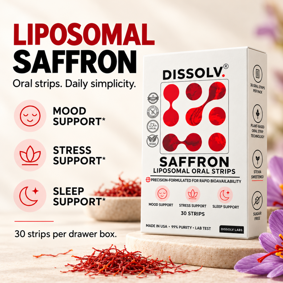 Dissolv Saffron Oral Strips with flat 2 by 3 inch silver sleeves; packaging mockup