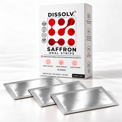 Dissolv Saffron Oral Strips with flat 2 by 3 inch silver sleeves; packaging mockup