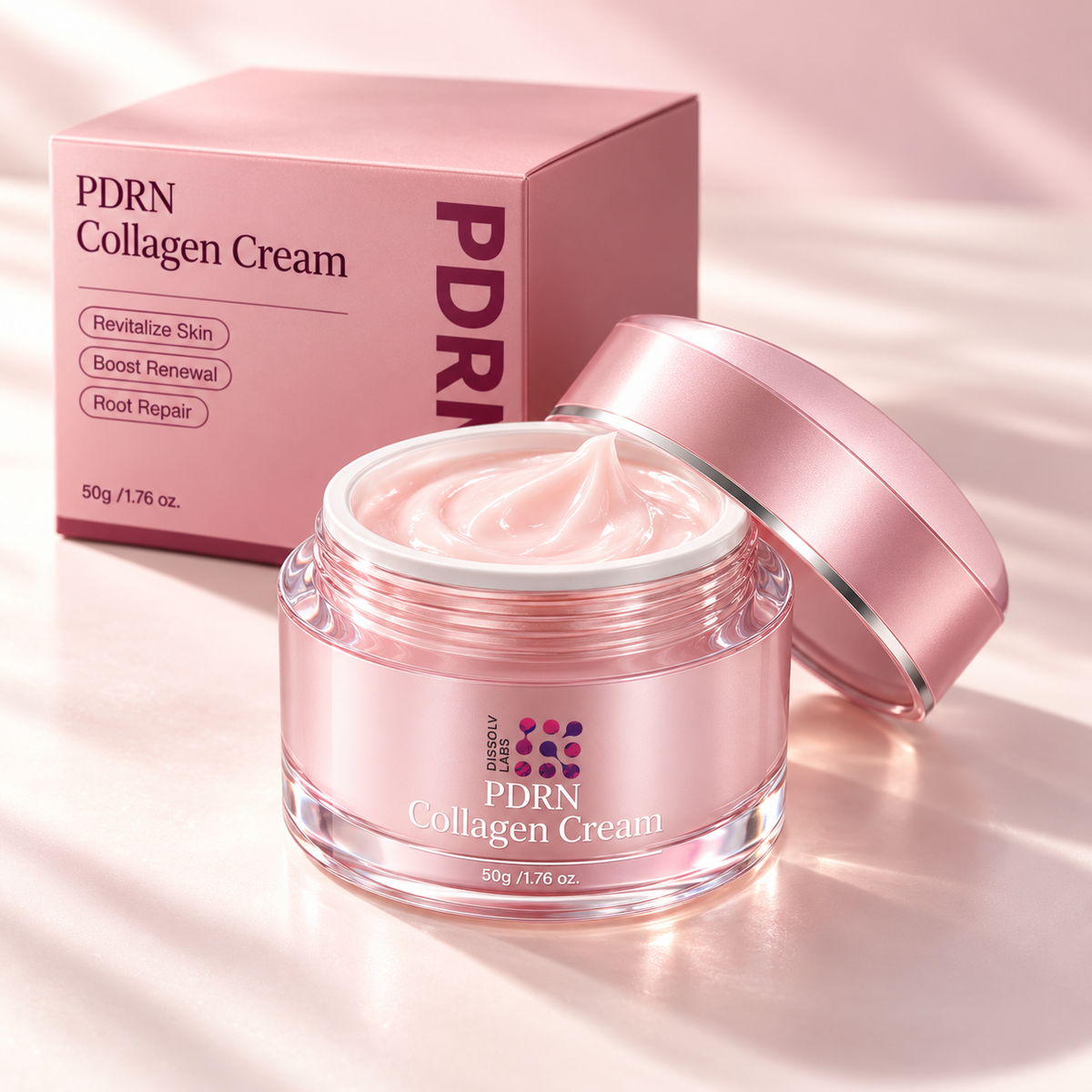 Dissolv Labs PDRN Collagen Cream 50g jar and pink carton