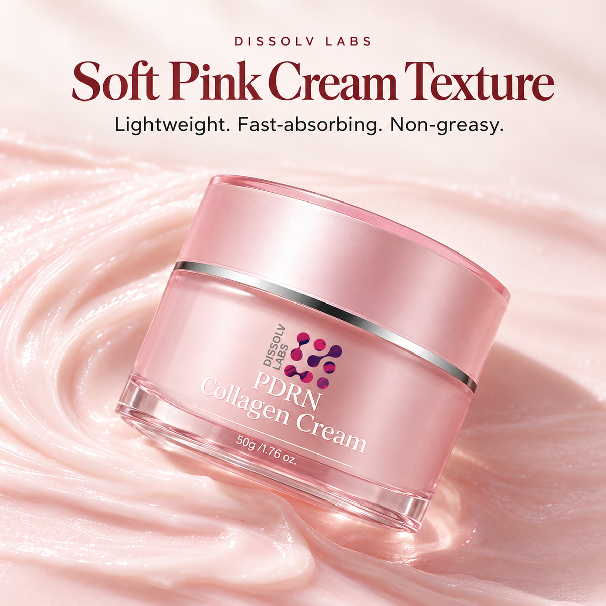Soft pink cream texture and PDRN Collagen Cream jar